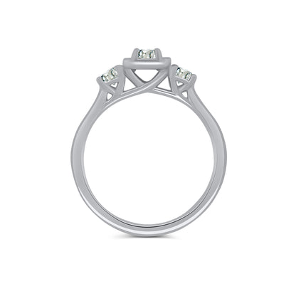 Platinum Emerald & Brilliant Round Halo Three Stone Diamond Ring, 0.65ct