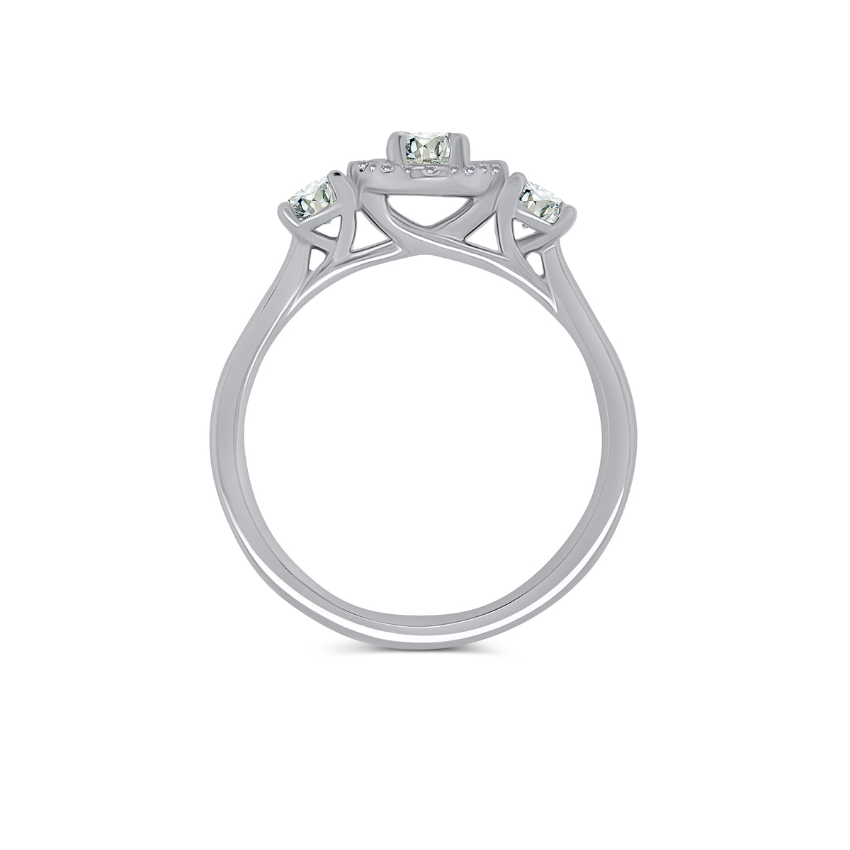 Platinum Oval & Brilliant Round Three Stone & Halo Diamond Ring, 0.71ct