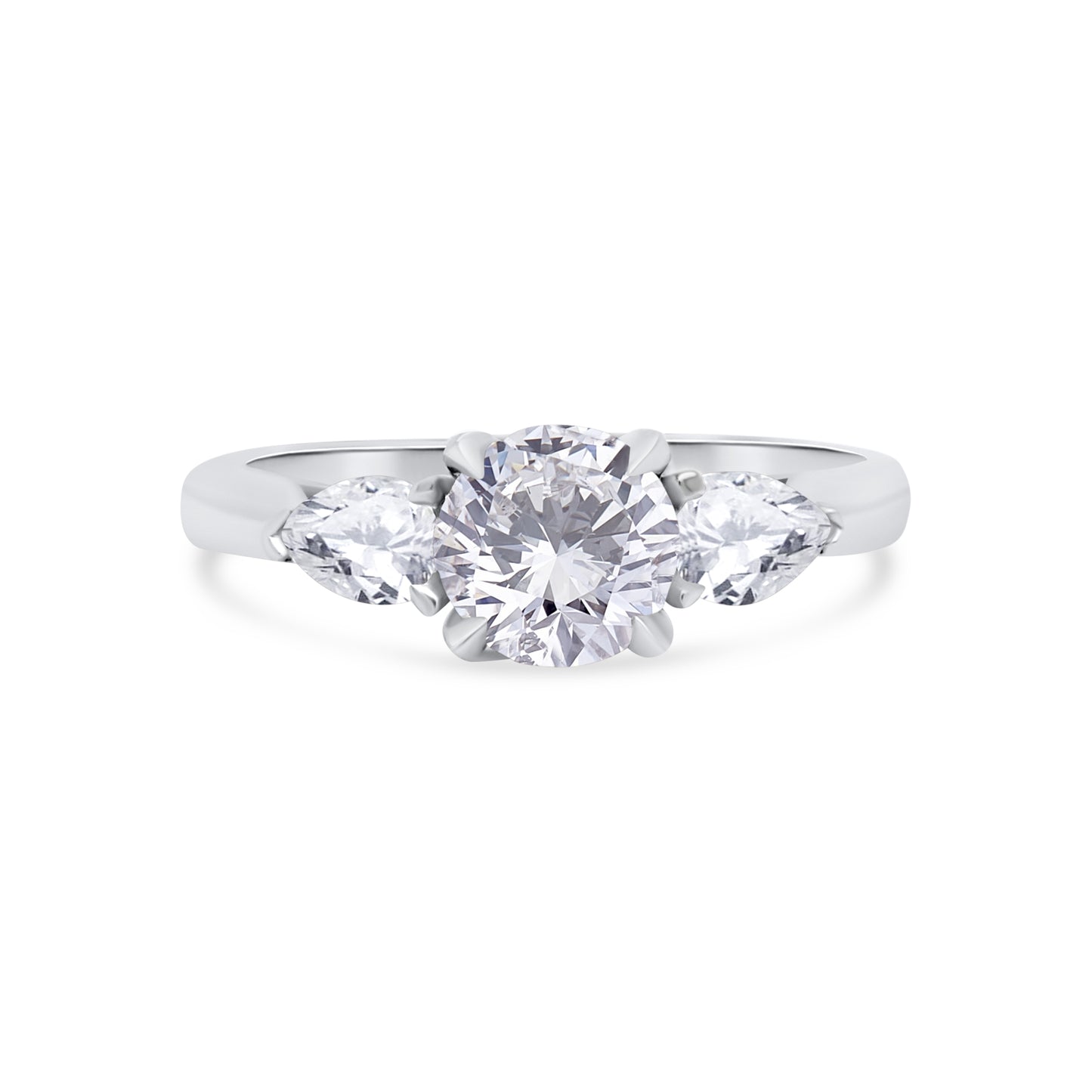 Platinum Brilliant Round & Pear Talon Claw Three Stone Diamond Ring, 1.50ct