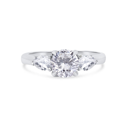 Platinum Brilliant Round & Pear Talon Claw Three Stone Diamond Ring, 1.50ct