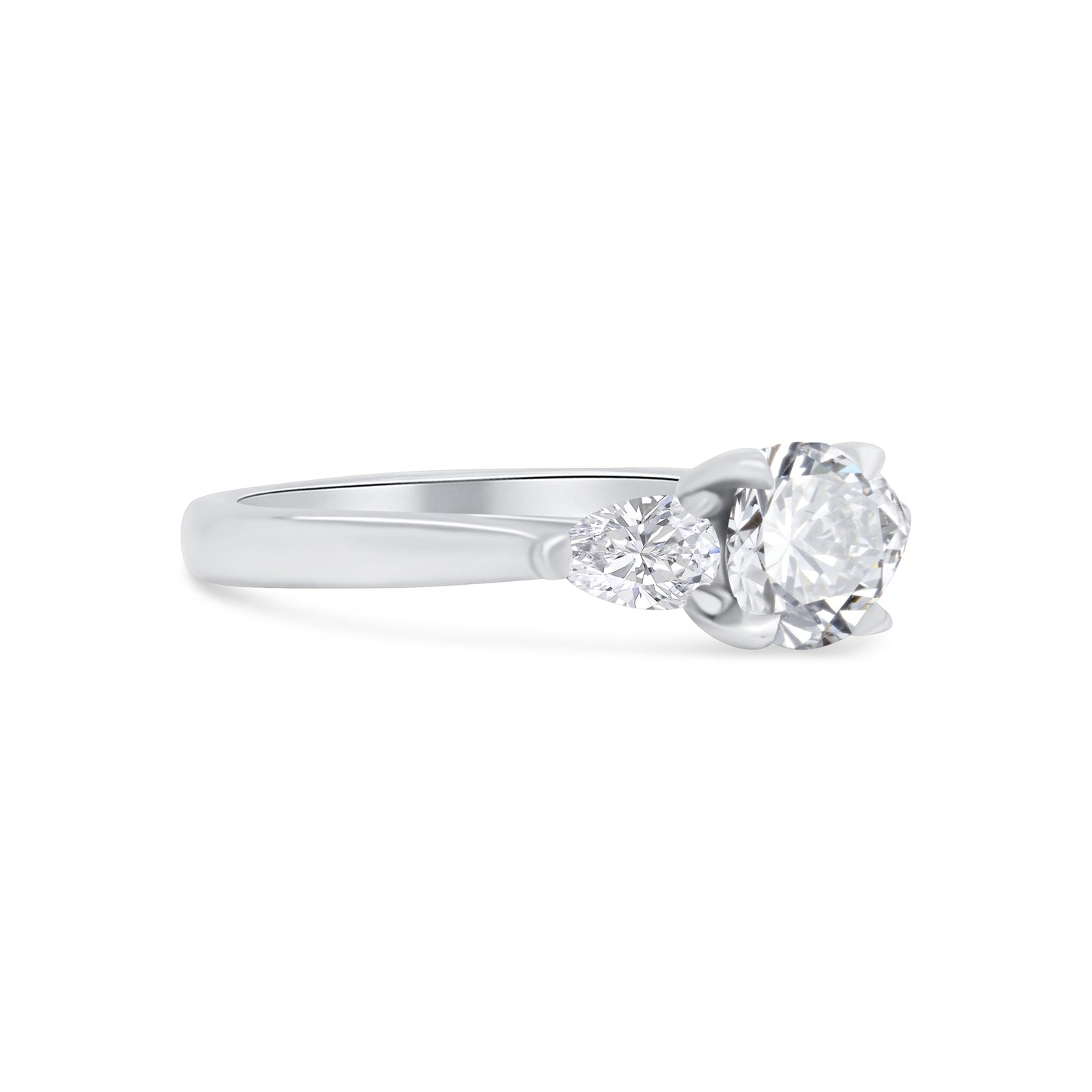 Platinum Brilliant Round & Pear Talon Claw Three Stone Diamond Ring, 1.50ct