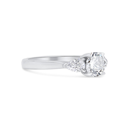 Platinum Brilliant Round & Pear Talon Claw Three Stone Diamond Ring, 1.50ct