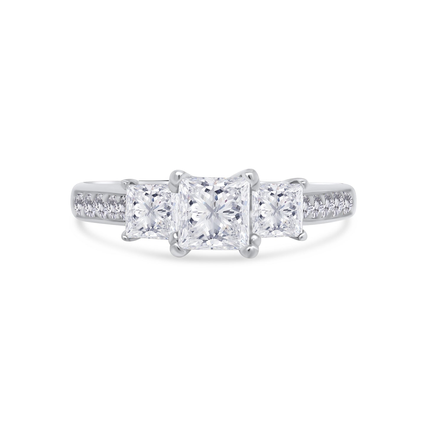 Platinum Princess Three-Stone, Beveled Shoulder Set Diamond Band, 1.25ct