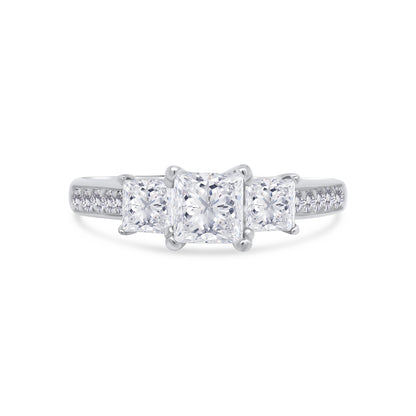 Platinum Princess Three-Stone, Beveled Shoulder Set Diamond Band, 1.25ct