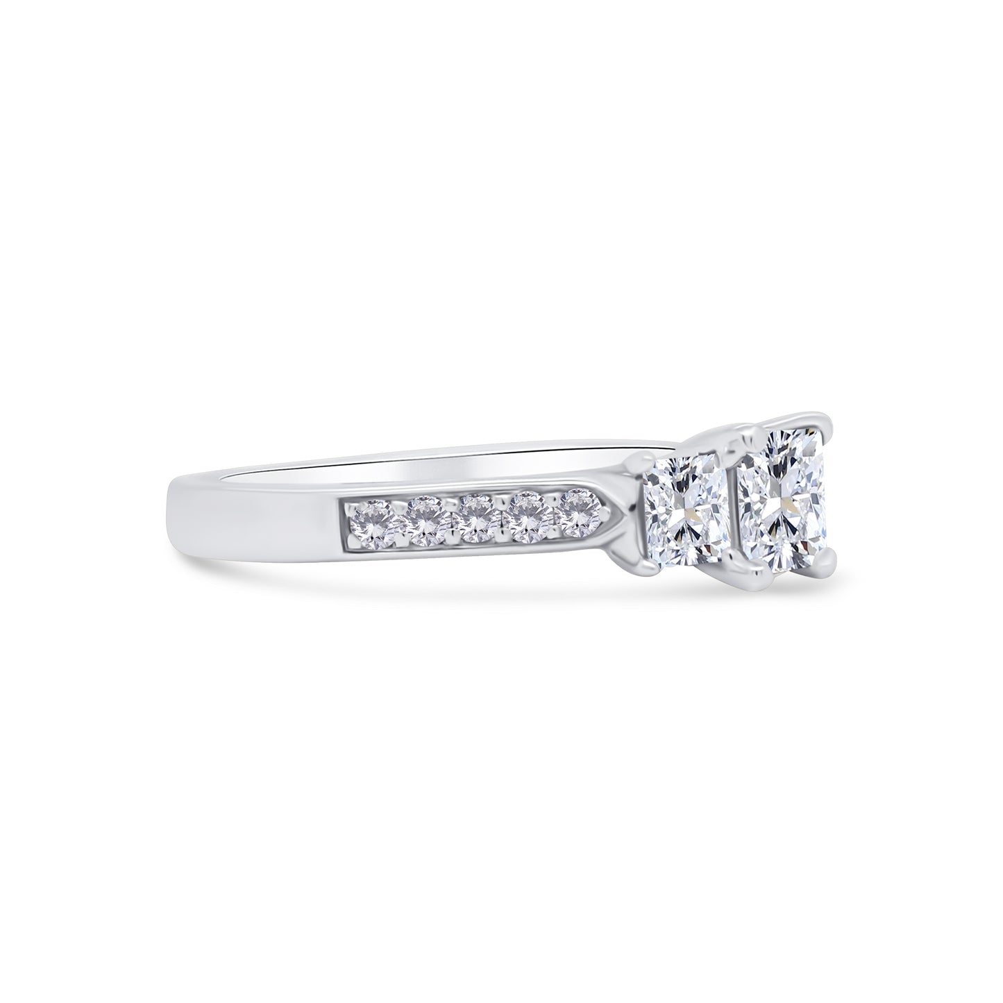 Platinum Princess Three-Stone, Beveled Shoulder Set Diamond Band, 1.25ct