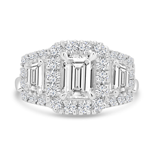 Platinum Emerald & Trapezium, Halo Three Stone Diamond Ring, 1.64ct