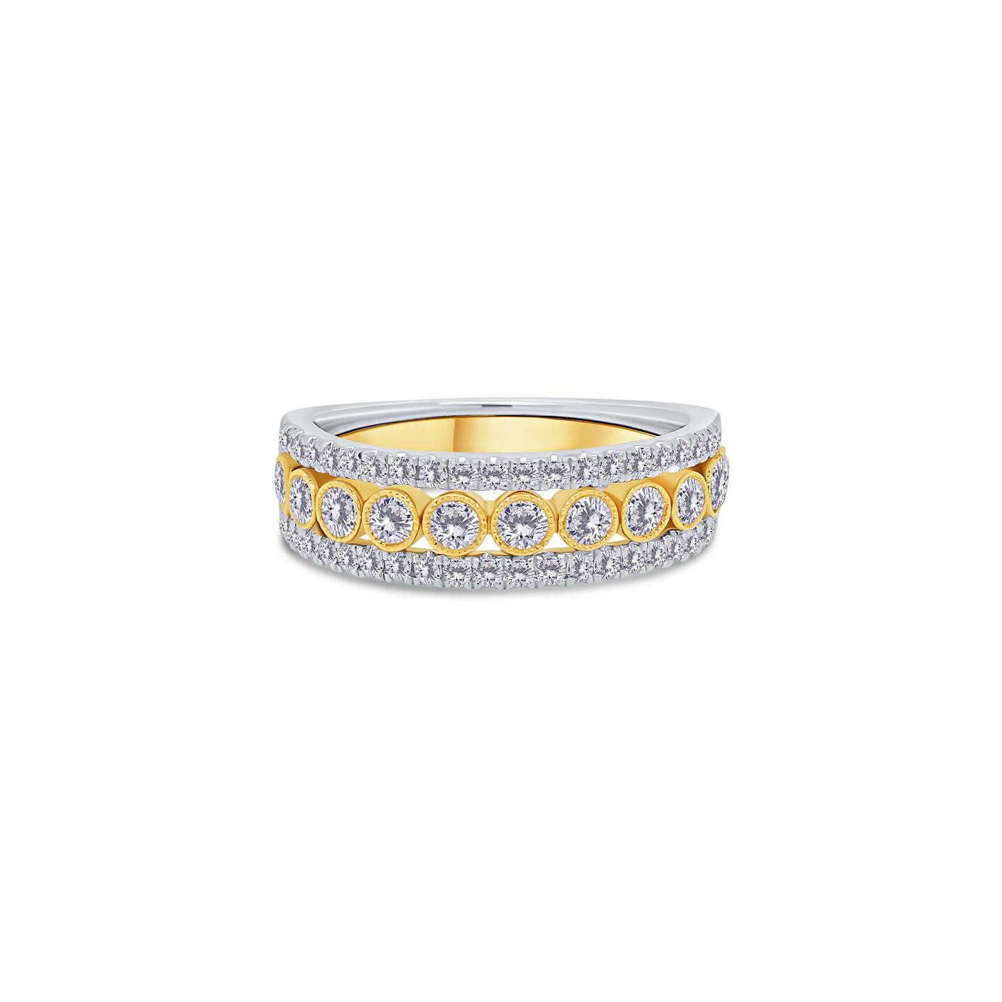 18ct White & Yellow Gold Three Row Brilliant Round Fancy Eternity Ring, 0.90ct
