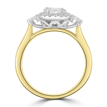 18ct Yellow Gold Oval, Halo & Three-Stone Illusion Diamond Ring, 0.75ct
