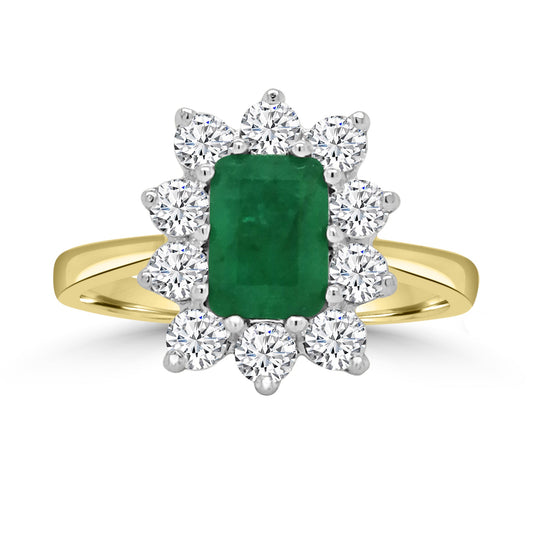 18ct Yellow Gold Emerald Cut Emerald & Diamond Cluster Halo Ring