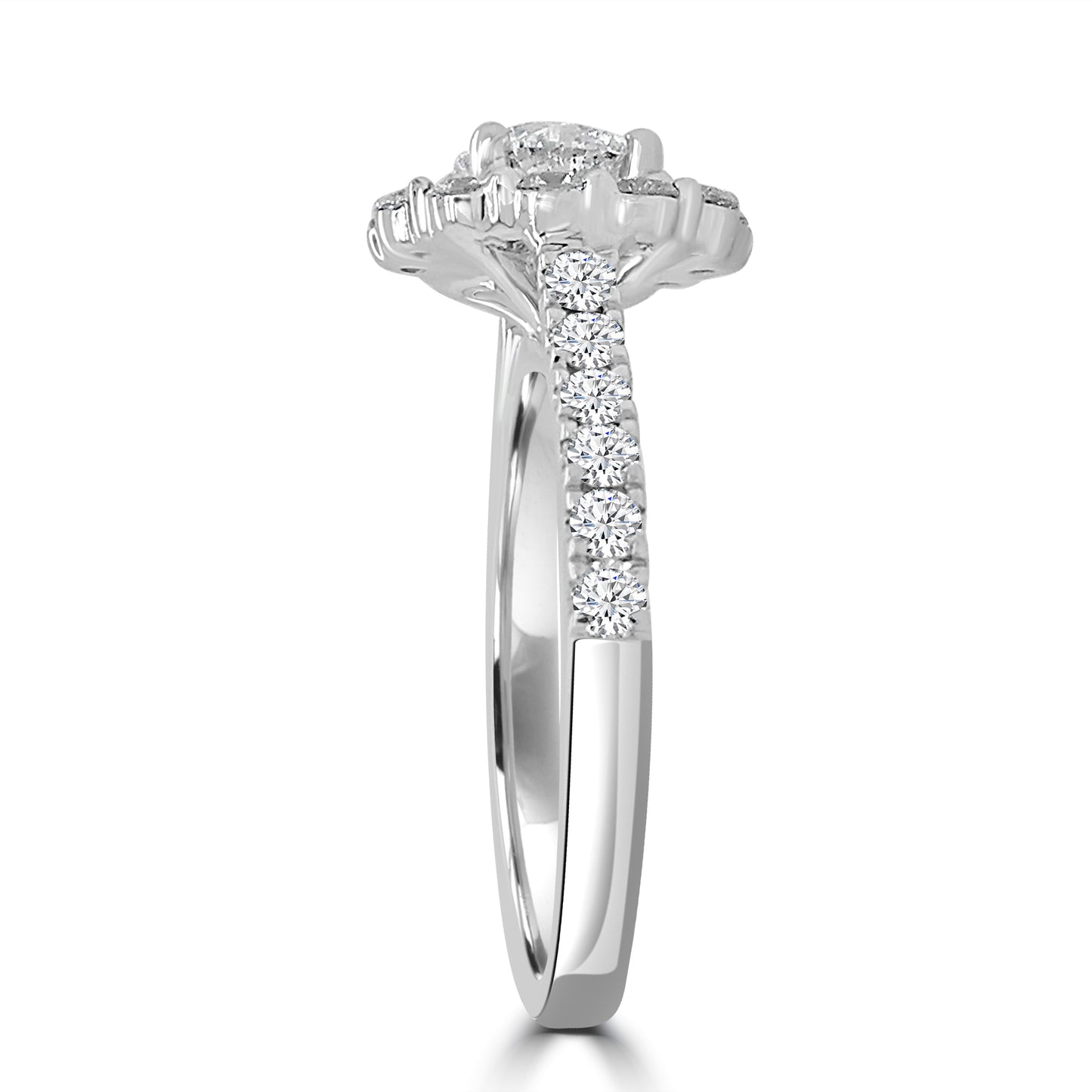 Platinum Shoulder set Brilliant Round & Halo Diamond Ring, 1.19ct