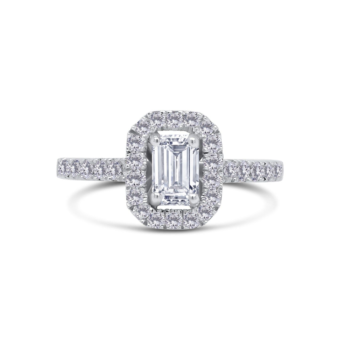Platinum Emerald & Halo Shoulder Set Diamond Ring, 0.86ct