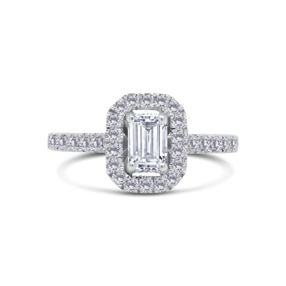 Platinum Emerald & Halo Shoulder Set Diamond Ring, 0.86ct