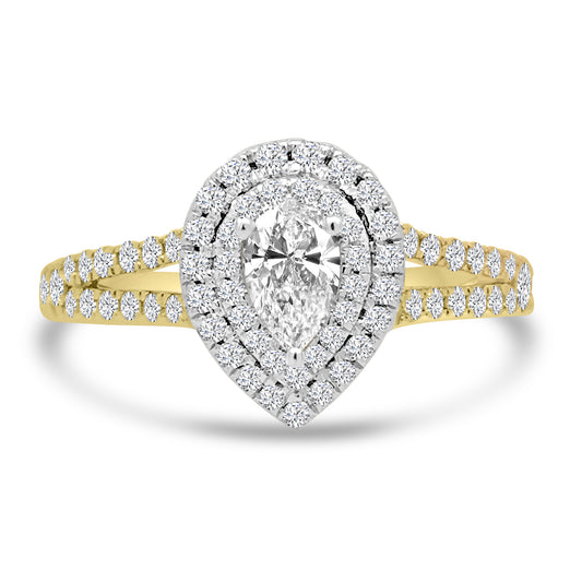 18ct Yellow Gold Pear, Double Halo & Split Diamond Shoulders Ring, 1.00ct
