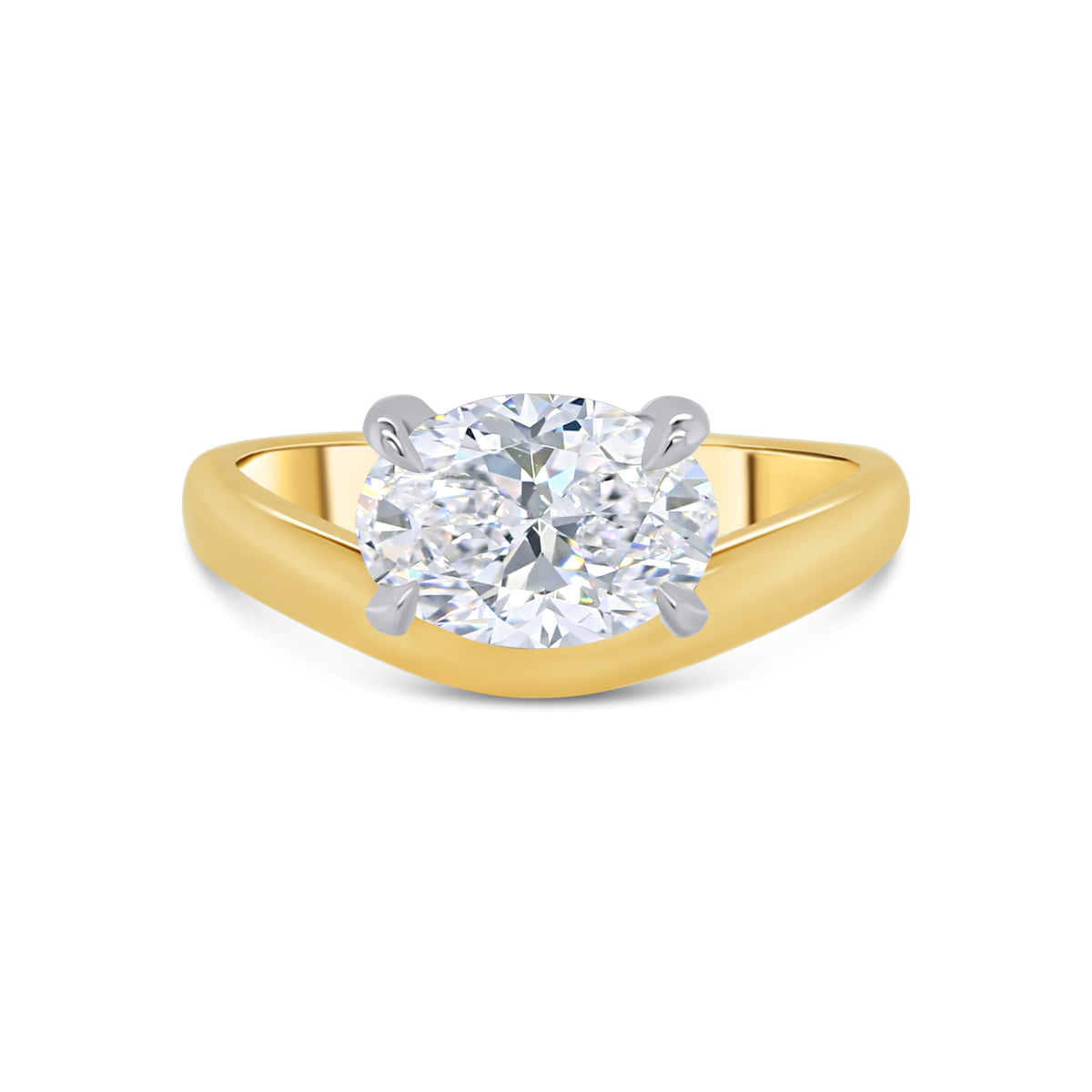 Laboratory Grown, Horizontal Oval Solitaire Diamond, 18ct Yellow Gold Curved Band, 1.71ct