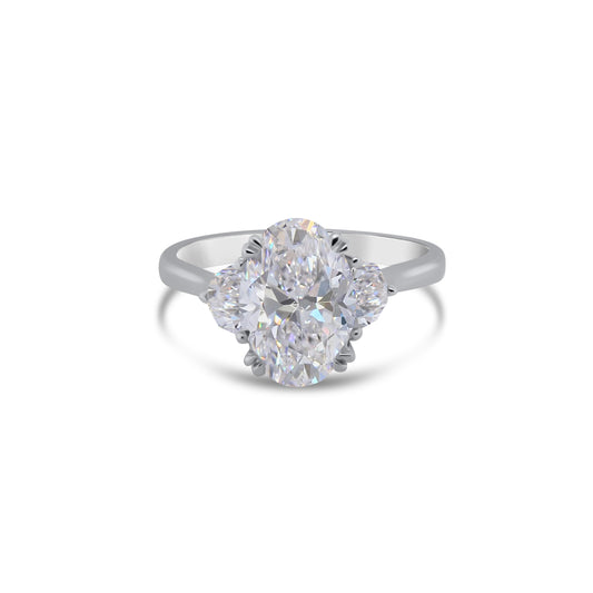 Laboratory Grown, Oval & Half Moon Three Stone Diamond Ring, Platinum Band, 2.66ct