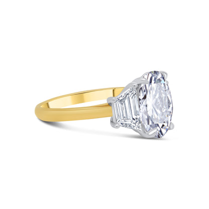 Laboratory Grown, Oval & Trapezium Cut Three Stone, 18ct Yellow Gold Diamond Ring, 3.16ct