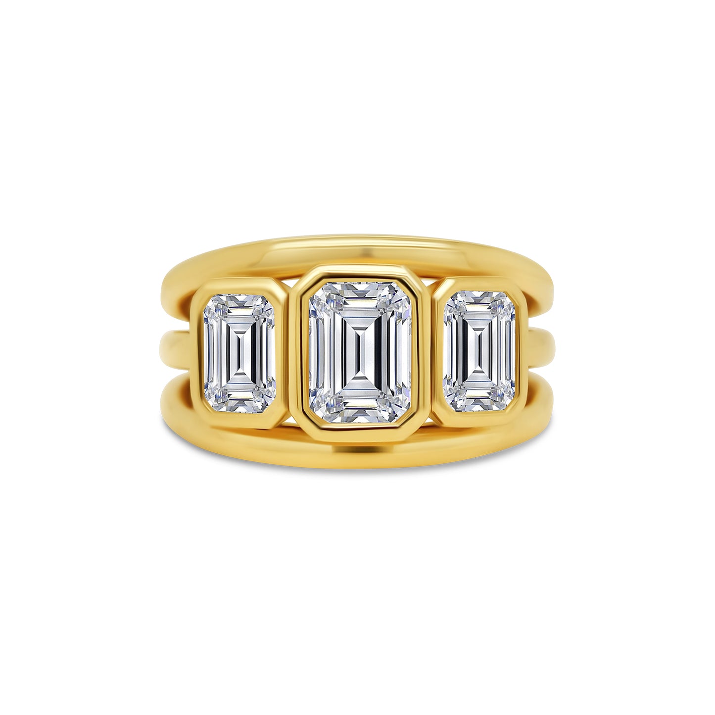 Laboratory Grown, Bezel Set Emerald Three Stone Diamonds, 18ct Yellow Gold Split Band Ring, 2.41ct