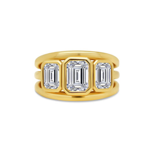 Laboratory Grown, Bezel Set Emerald Three Stone Diamonds, 18ct Yellow Gold Split Band Ring, 2.41ct