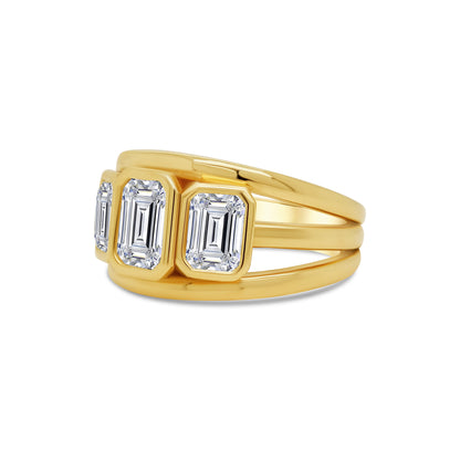 Laboratory Grown, Bezel Set Emerald Three Stone Diamonds, 18ct Yellow Gold Split Band Ring, 2.41ct