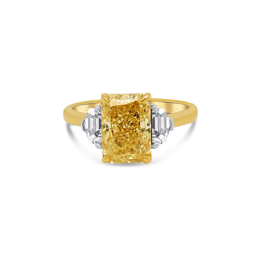 Laboratory Grown, Radiant Yellow Diamond & Trapezius Three Stone Diamonds, 18ct Yellow Gold, 3.11ct