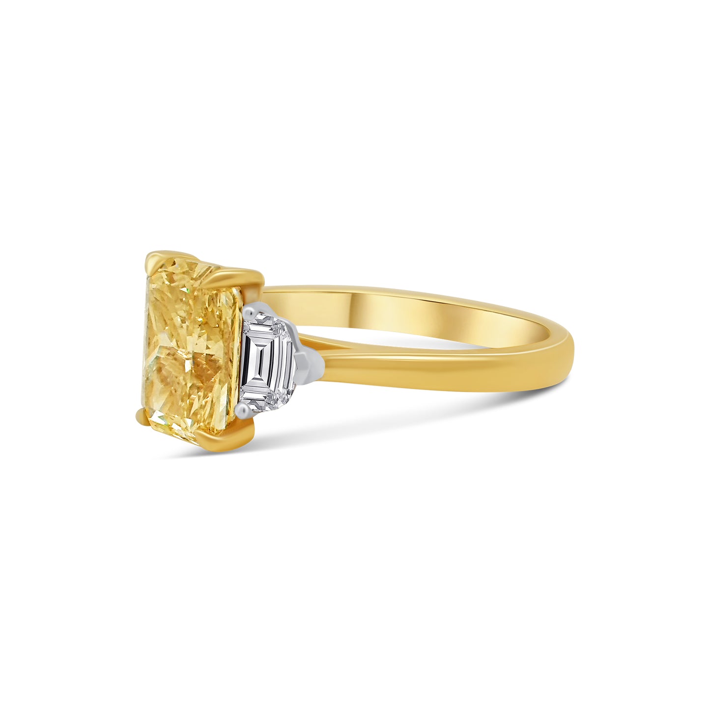 Laboratory Grown, Radiant Yellow Diamond & Trapezius Three Stone Diamonds, 18ct Yellow Gold, 3.11ct