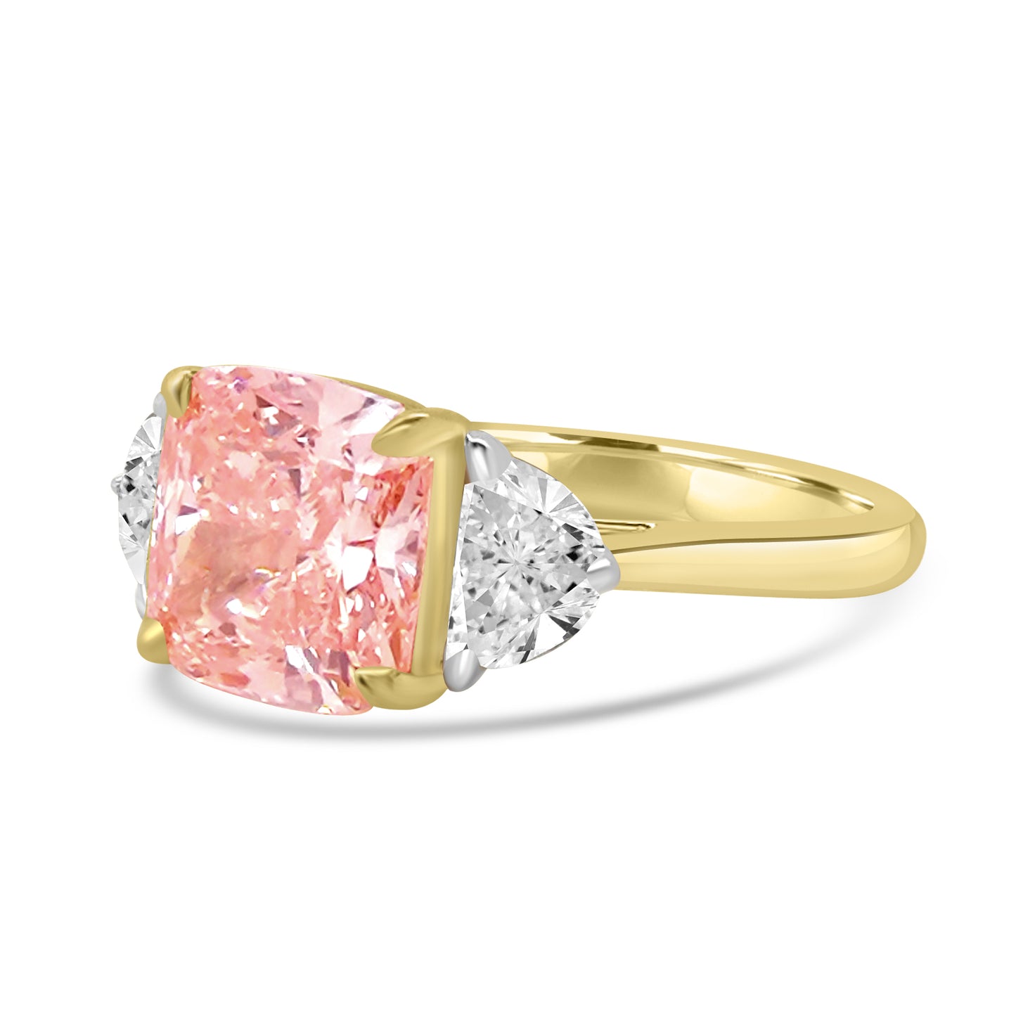 Laboratory Grown, Pink Cushion & Half Moon Three Stone, 18ct Yellow Gold Band, 4.82ct