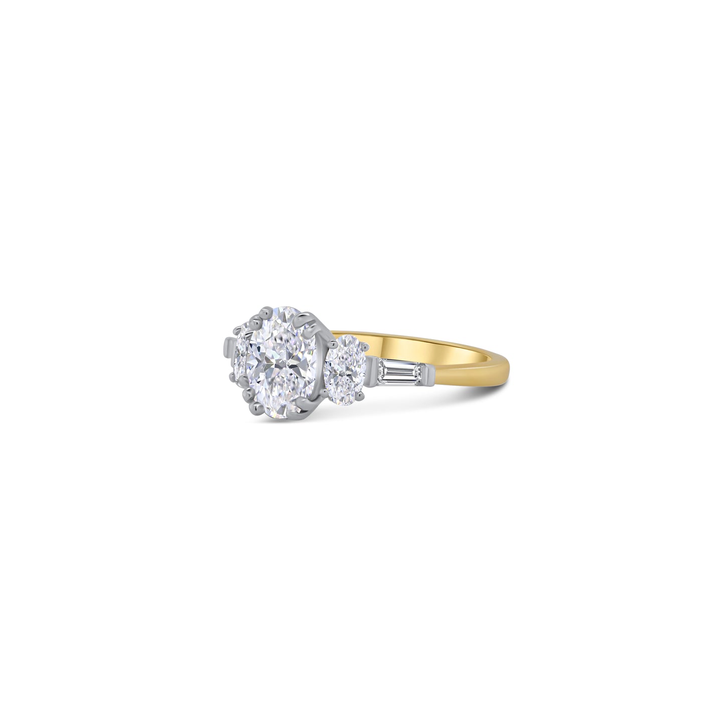 Laboratory Grown, Oval Three Stone & Tapered Baguette Diamond, 18ct Yellow Gold Ring, 1.73ct