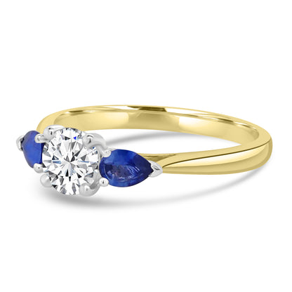 Laboratory Grown, Brilliant Round Diamond & Pear Sapphire Three Stone, 18ct Yellow Gold, 0.93cts