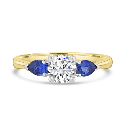 Laboratory Grown, Brilliant Round Diamond & Pear Sapphire Three Stone, 18ct Yellow Gold, 0.93cts
