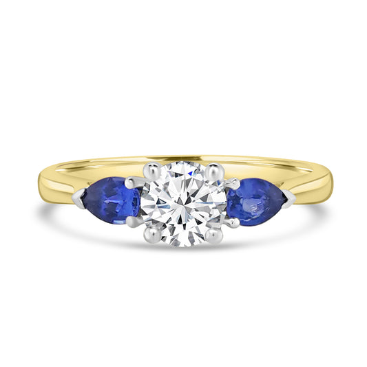 Laboratory Grown, Brilliant Round Diamond & Pear Sapphire Three Stone, 18ct Yellow Gold, 0.93cts