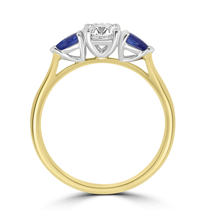 Laboratory Grown, Brilliant Round Diamond & Pear Sapphire Three Stone, 18ct Yellow Gold, 0.93cts