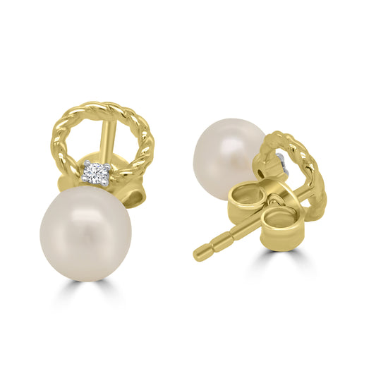 9ct Yellow Gold Circle Twist Diamond Set Pearl Stud Earrings