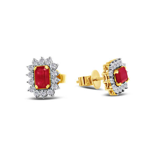 9ct Yellow Gold Ruby & Cluster Diamond Halo Stud Earrings