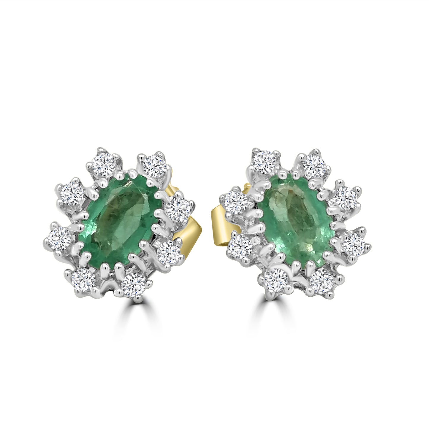 9ct Yellow Gold Oval Emerald & Diamond Halo Stud Earrings