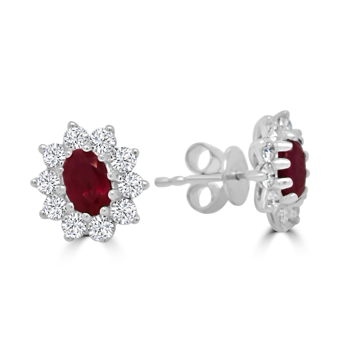 18ct White Gold Oval Ruby & Diamond Halo Stud Earrings