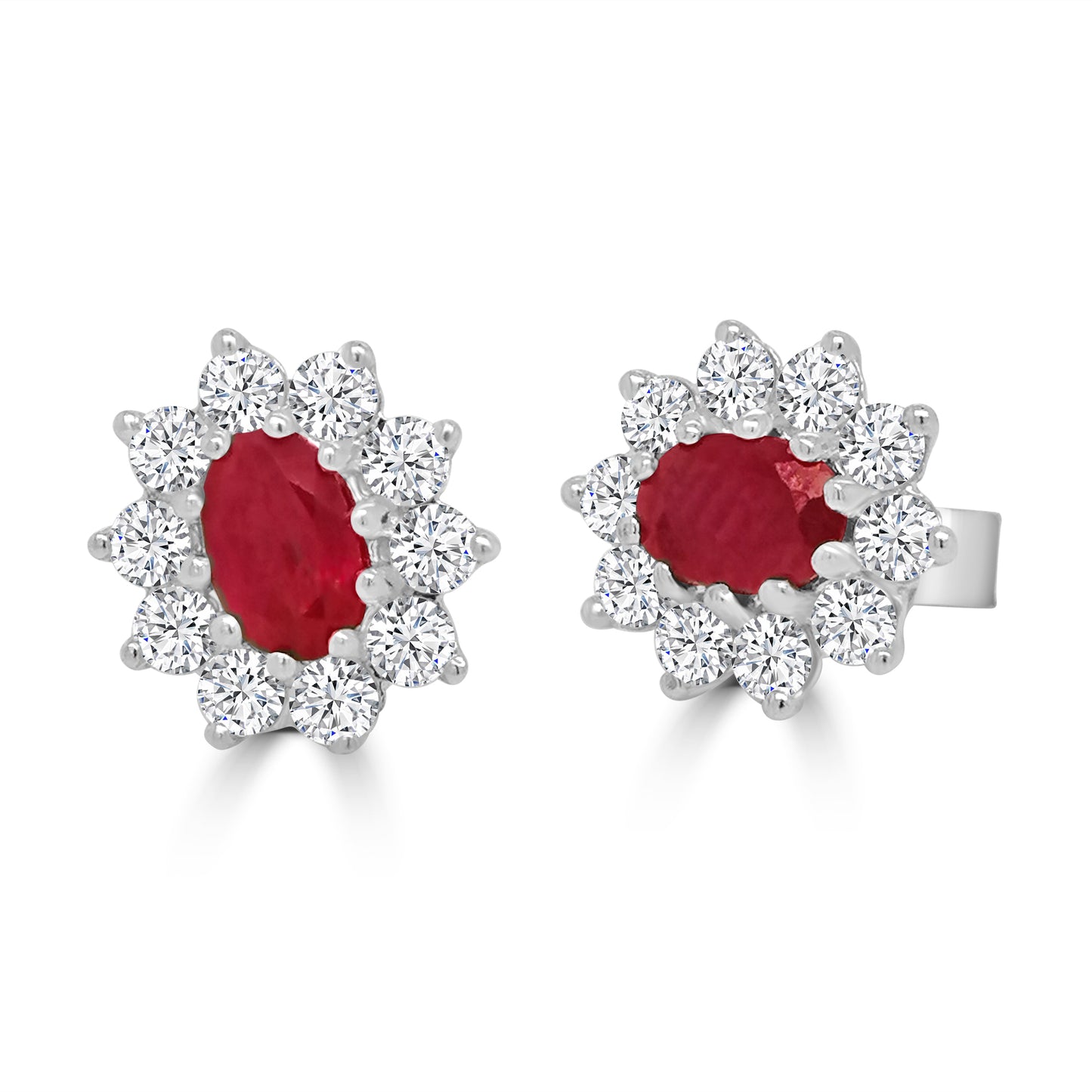 18ct White Gold Oval Ruby & Diamond Halo Stud Earrings