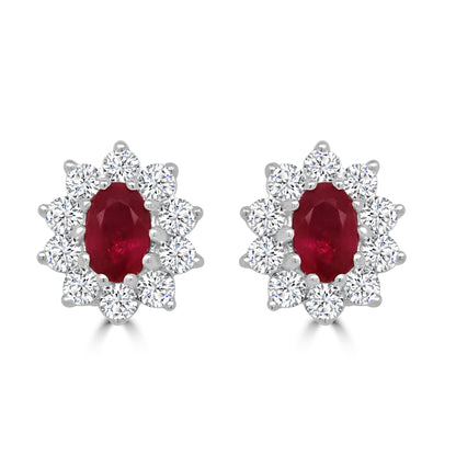 18ct White Gold Oval Ruby & Diamond Halo Stud Earrings