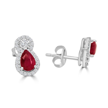 9ct White Gold Pear Ruby, Round Diamond & Diamond Halo Stud Earrings