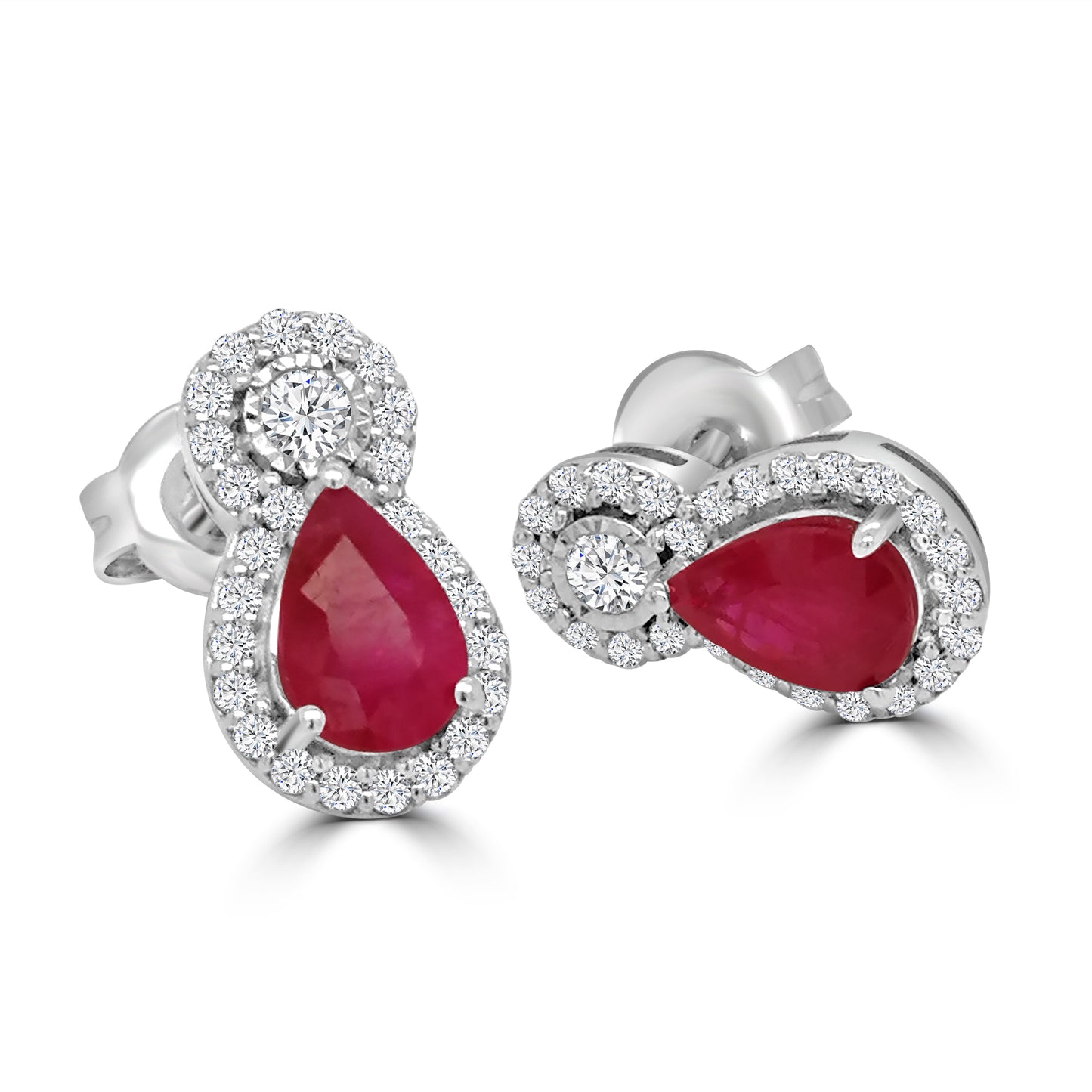 9ct White Gold Pear Ruby, Round Diamond & Diamond Halo Stud Earrings