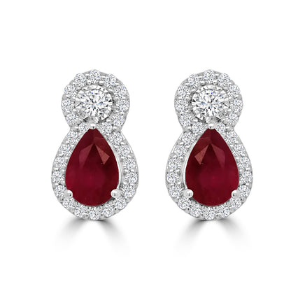 9ct White Gold Pear Ruby, Round Diamond & Diamond Halo Stud Earrings