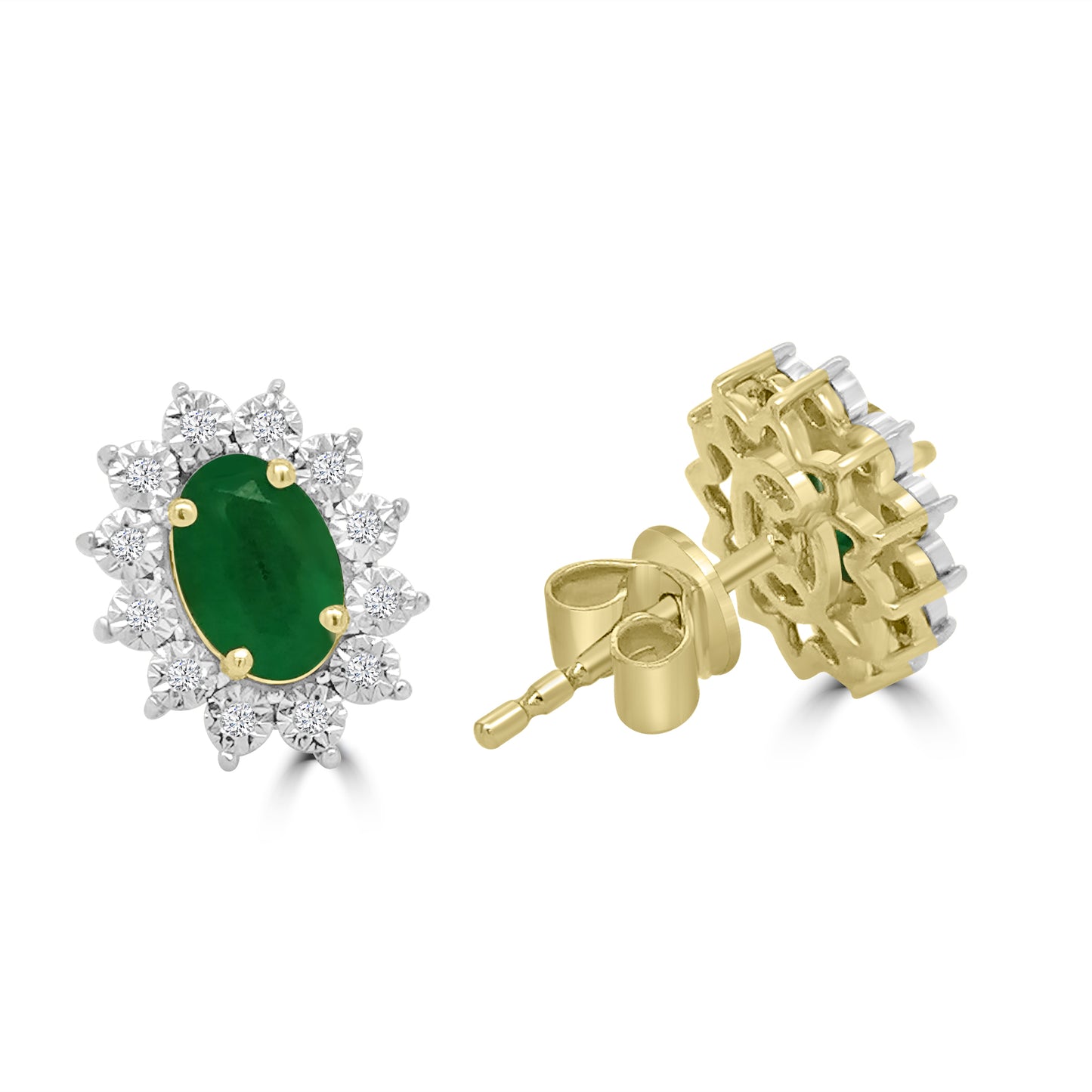 9ct Yellow Gold Oval Emerald & Diamond Halo Studs