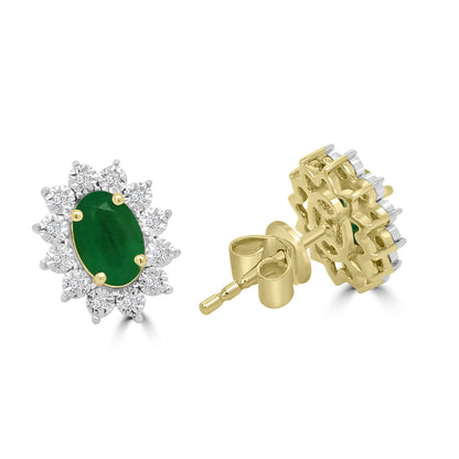 9ct Yellow Gold Oval Emerald & Diamond Halo Studs