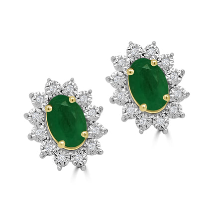 9ct Yellow Gold Oval Emerald & Diamond Halo Studs