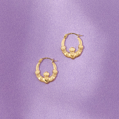 9ct Yellow Gold 17mm Claddagh Latch Hoop Earrings