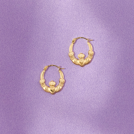 9ct Yellow Gold 17mm Claddagh Latch Hoop Earrings
