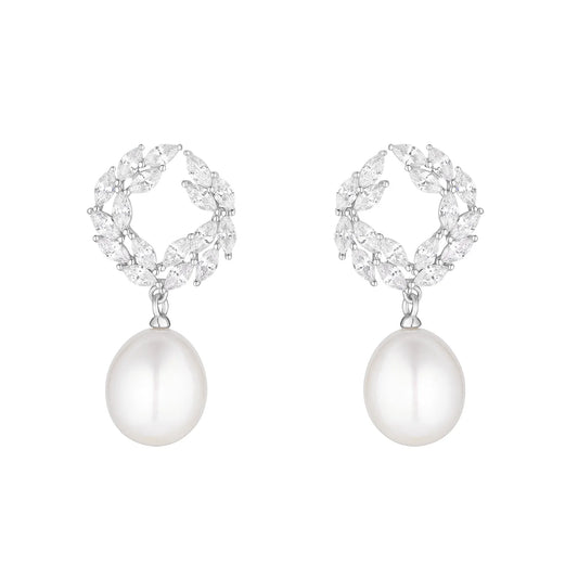 Sterling Silver Marquise Cluster CZ & Pearl Drop Earrings