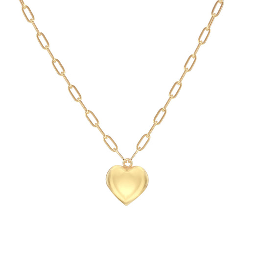 9ct Yellow Gold Puffed Heart Charm Paperlink Necklace