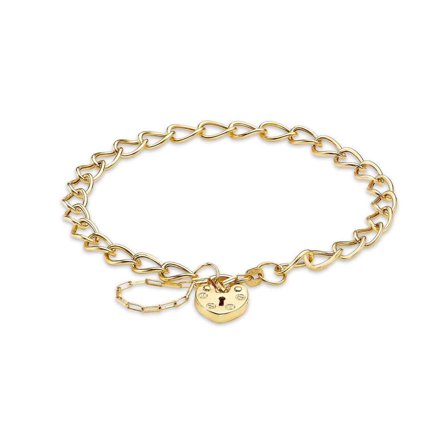 9ct Yellow Gold Heart Padlock and Safety Chain Bracelet