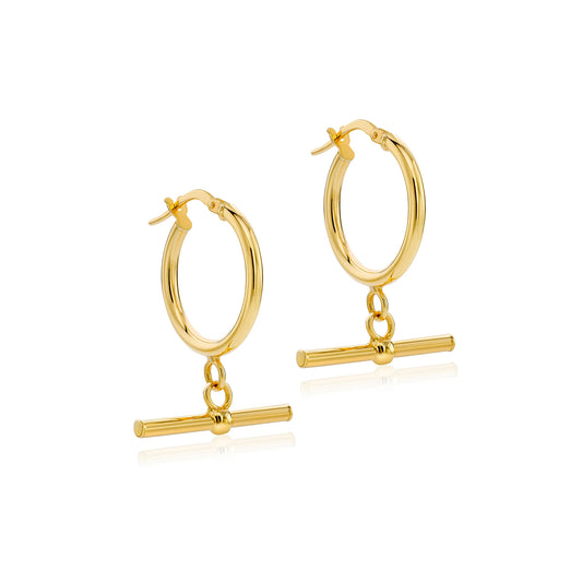 9ct Yellow Gold T-Bar 15mm Creole Hoops Earrings