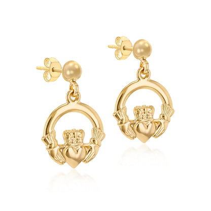 9ct Yellow Gold 19mm Claddagh Drop Hoop Earrings